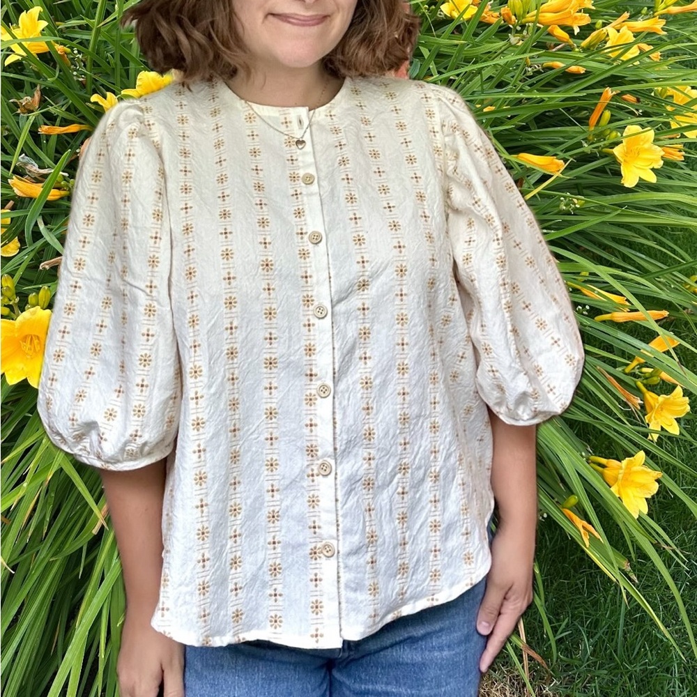 White Embroidered Button-Up Blouse